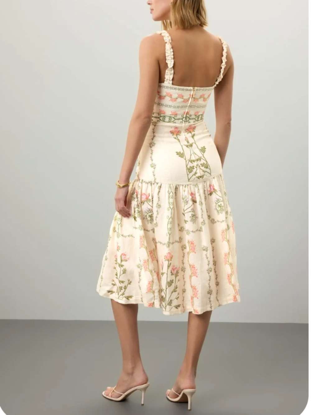 Agua Bendita Cream Floral Midi Dress with Pink & Green Botanicals - Picture 2 of 14